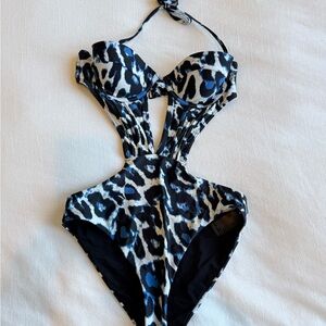 Topshop Black, White and Blue Leopard-Print One-Piece Swimsuit